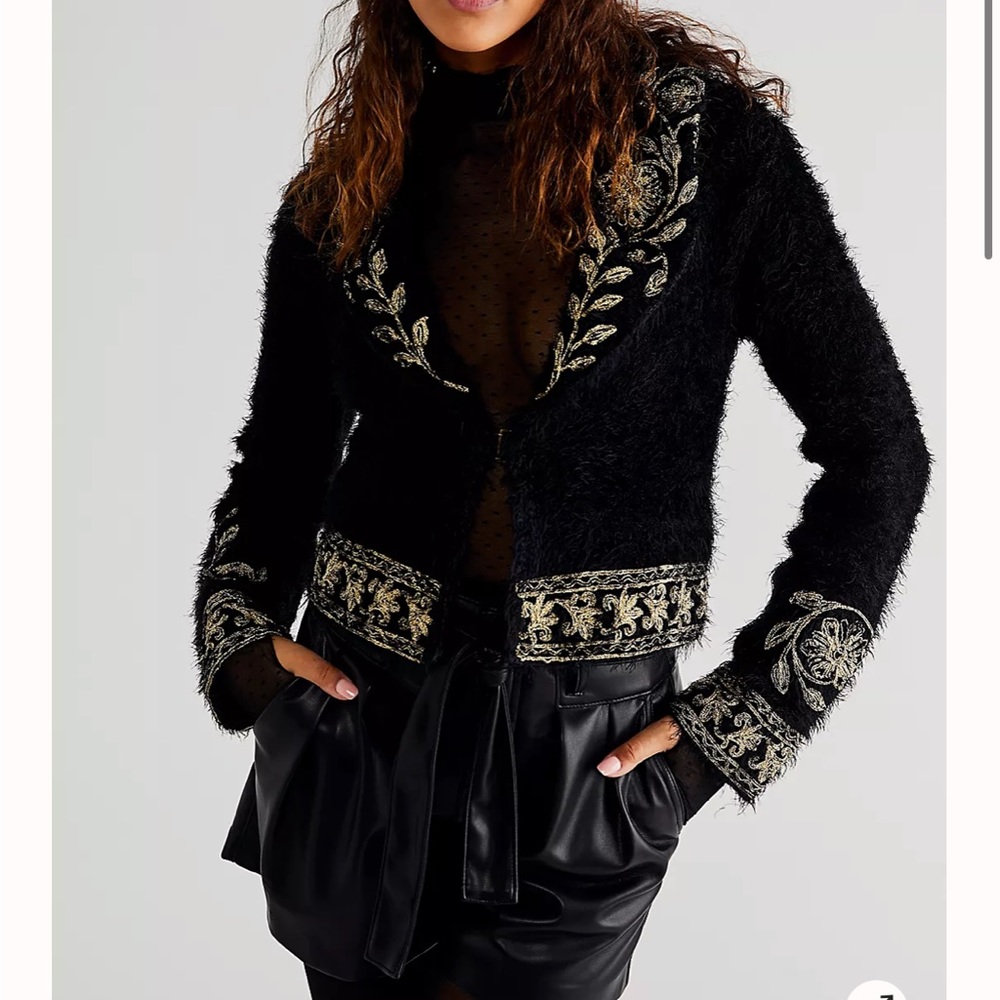 NWOT Free People Merrie Cardi Fuzzy Cardigan Size M Black with Gold Embroidery.